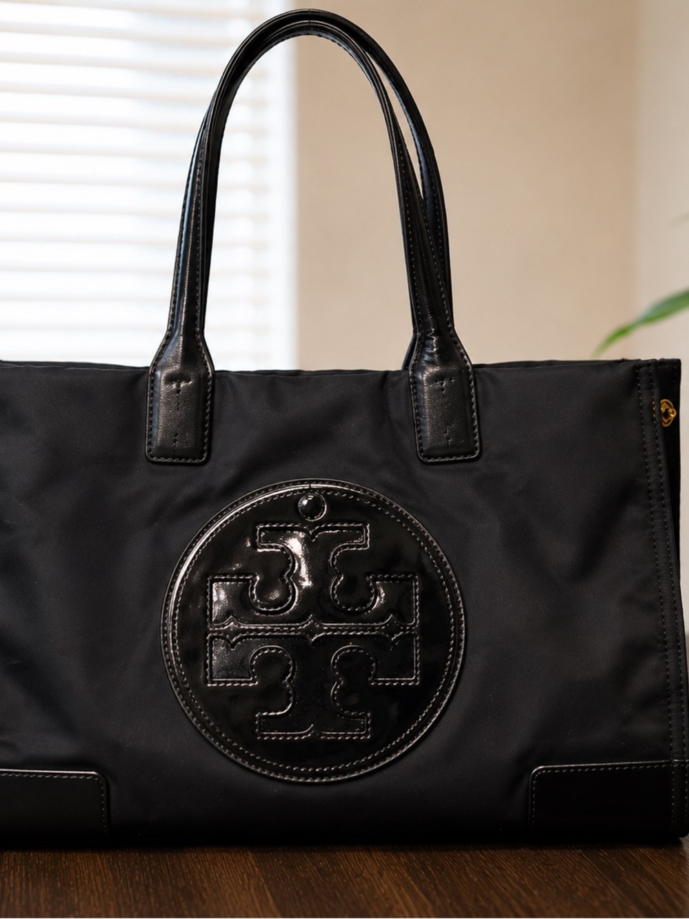 Tory Burch Black Nylon Tote with Patent Logo Medallion